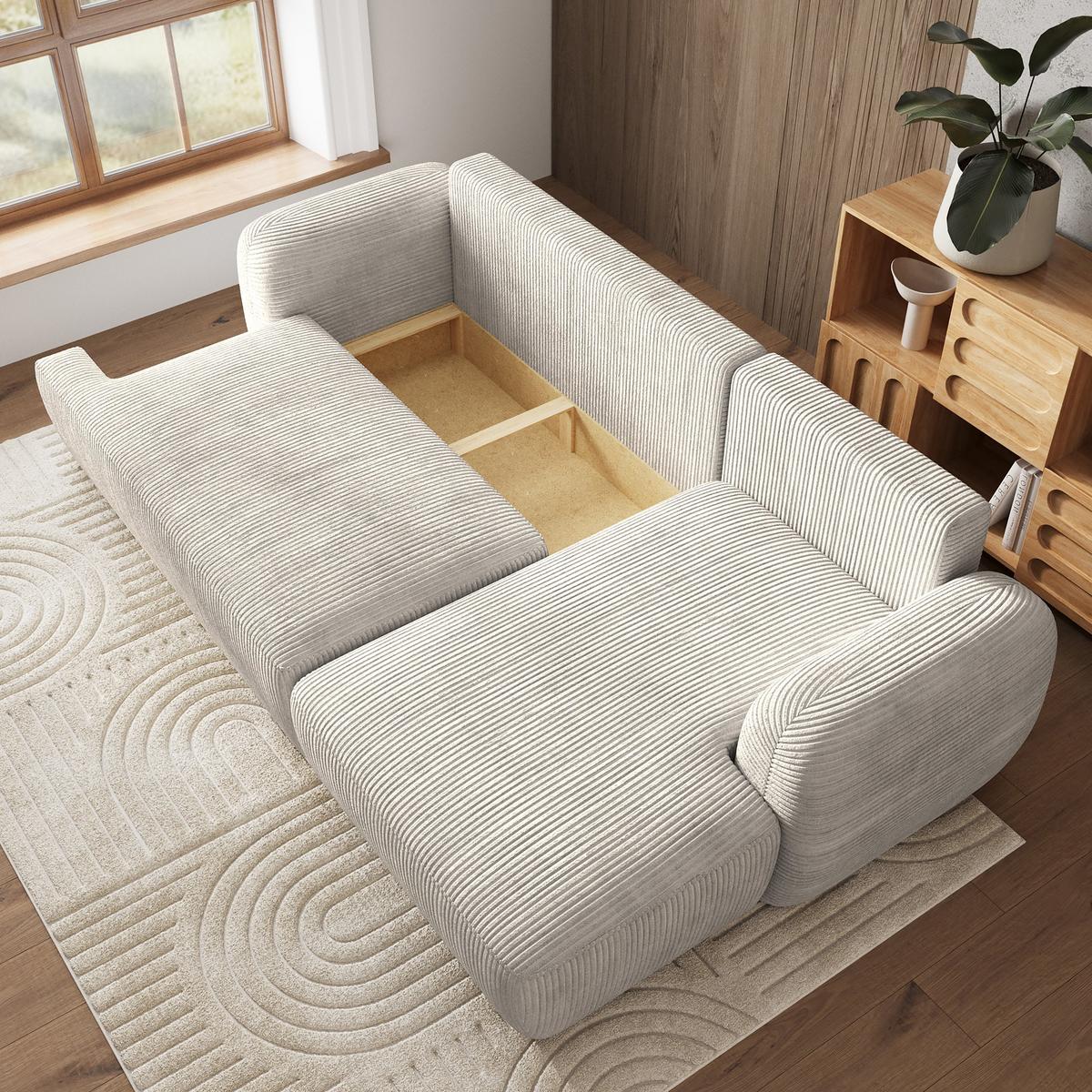 ECKSOFA MODENZA P R-S Creme Kordstoff mit Schlaffunktion - Creme/Schwarz, Holz/Kunststoff (266/148cm) - MASSENO