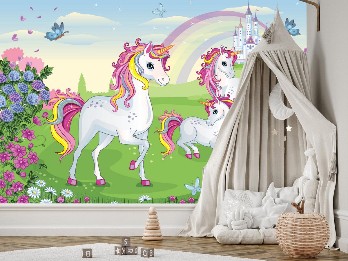 FOTOTAPETE für Kinderzimmer Einhorn Schloss Blumen Märchen 450x315 - Gelb/Violett, Papier (450/315cm) - Muralo