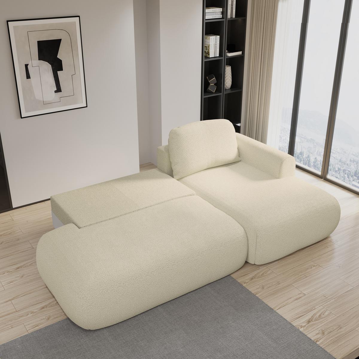 ECKSOFA NUVIRA R-S Creme Boucle-Stoff mit Schlaffunktion - Creme, Holz (279/158cm) - MASSENO