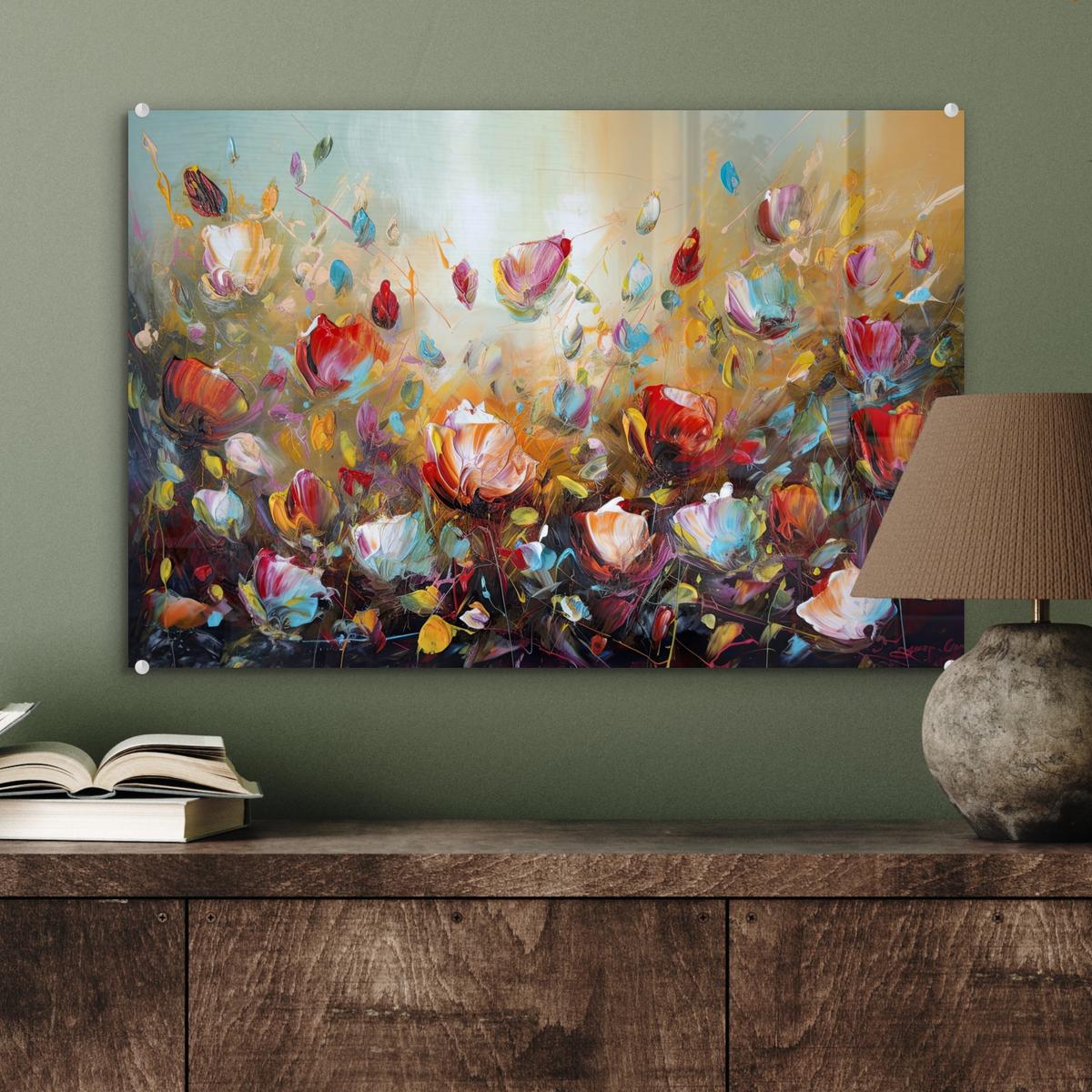 ACRYLGLASBILD Blumen - Kunst - Natur - Ölgemälde Wanddeko 60x40 cm - Multicolor, Glas (60/40cm) - MuchoWow