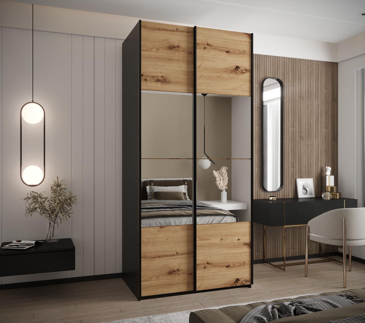 SCHWEBETÜRENSCHRANK 245,5/120/64 2-türig - Schwarz/Eiche Artisan, Holz/Metall (120/245/64cm) - Abiks Möbel