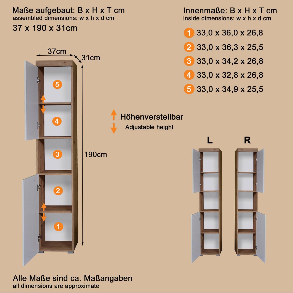 HOCHSCHRANK weiß Hochglanz, Asteiche 37 cm, Badschrank in modernem Design - Eichefarben/Weiß, Holzwerkstoff/Kunststoff (37/190/31cm) - Top.Furn