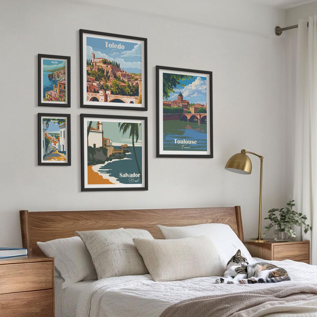 BILDER SET 5er Set - 50x50 cm & 20x30 cm & 40x60 cm Schwarzer Rahmen - Illustrationen zur Retro-Architektur der Berge - Schwarz, Kunststoff (40/60cm) - TULUP