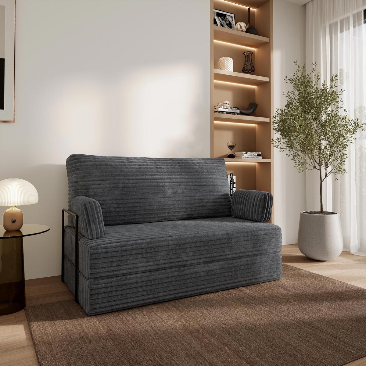 BETTSOFA LADIA aus Schaumstoff Kordstoff Grau Schlaffunktion - Dunkelgrau, Textil (140/86/60cm) - MASSENO