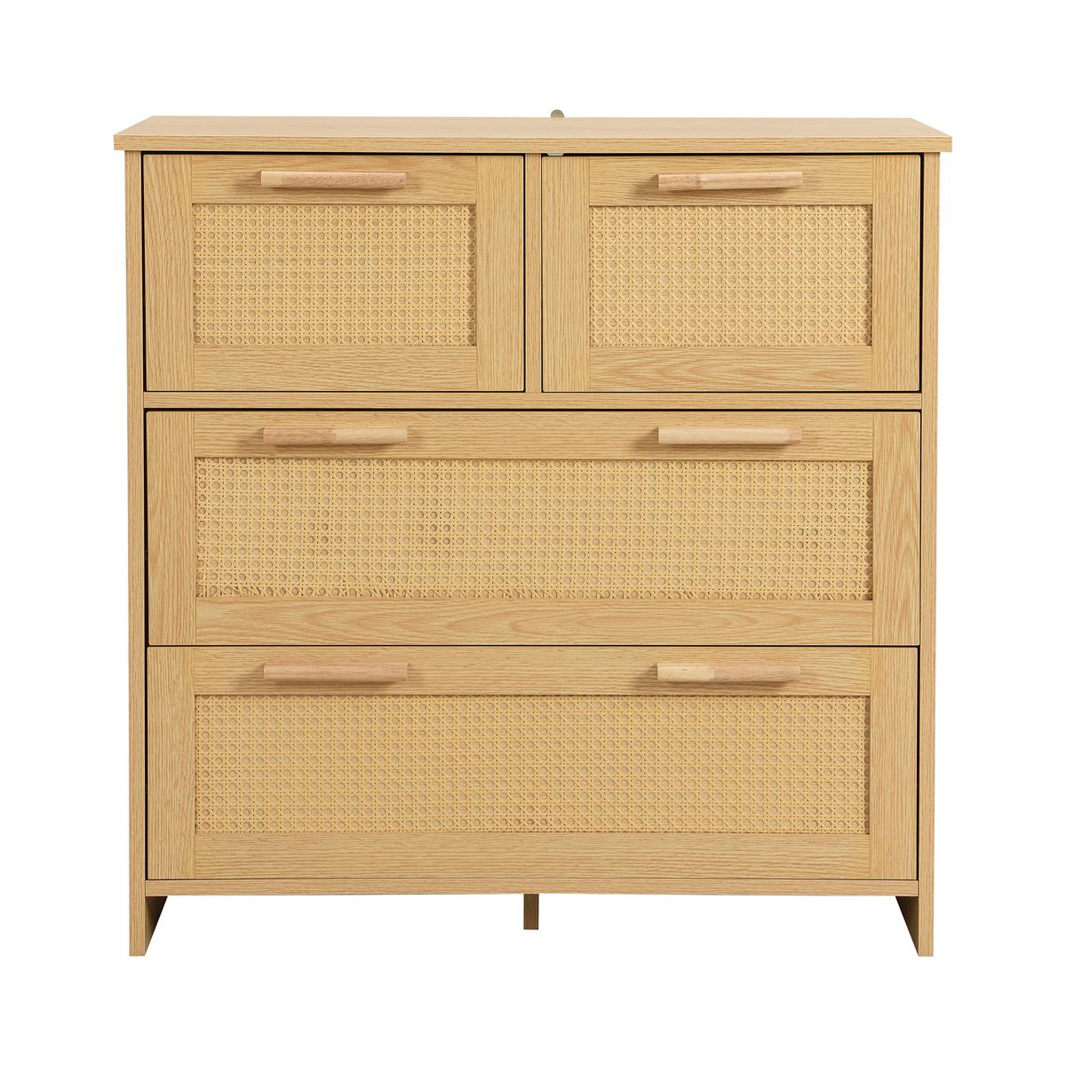 SIDEBOARD Rattan kommode mit 4 Schubladen & Massivholz Griffen - Eichefarben, Naturmaterialen/Holzwerkstoff (80/80/38cm) - Urban Meuble