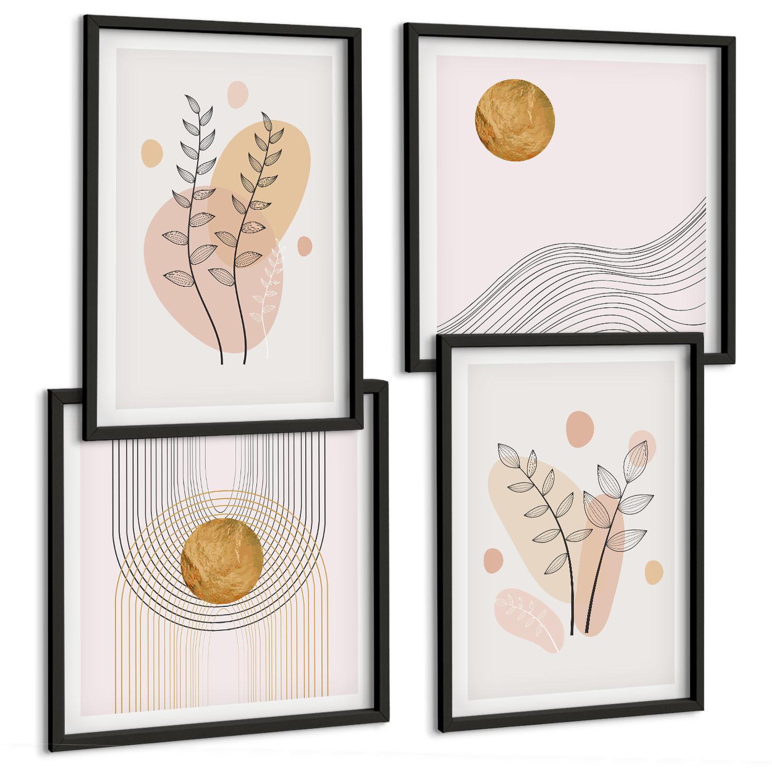 BILDER SET 4er Set - 50x50 cm & 40x60 cm Schwarzer Rahmen - Minimalistische Pflanzenzeichnungen - Schwarz, Kunststoff (50/50cm) - TULUP