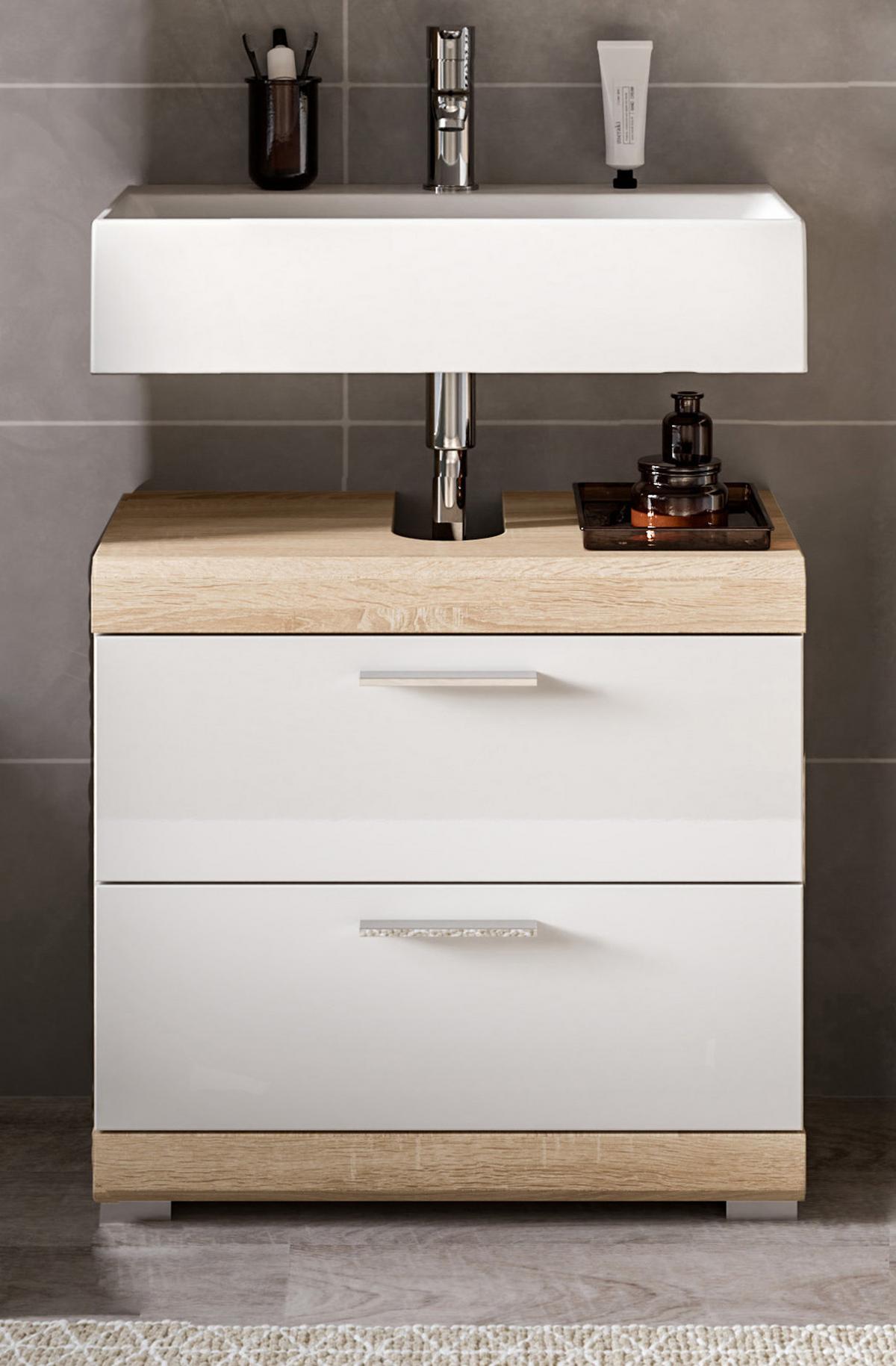 WASCHBECKENUNTERSCHRANK weiß Hochglanz, Eiche 60 cm, Schubkästen mit Vollauszug - Weiß Hochglanz/Eichefarben, Holzwerkstoff/Kunststoff (60/56/37cm) - Inn.Furn