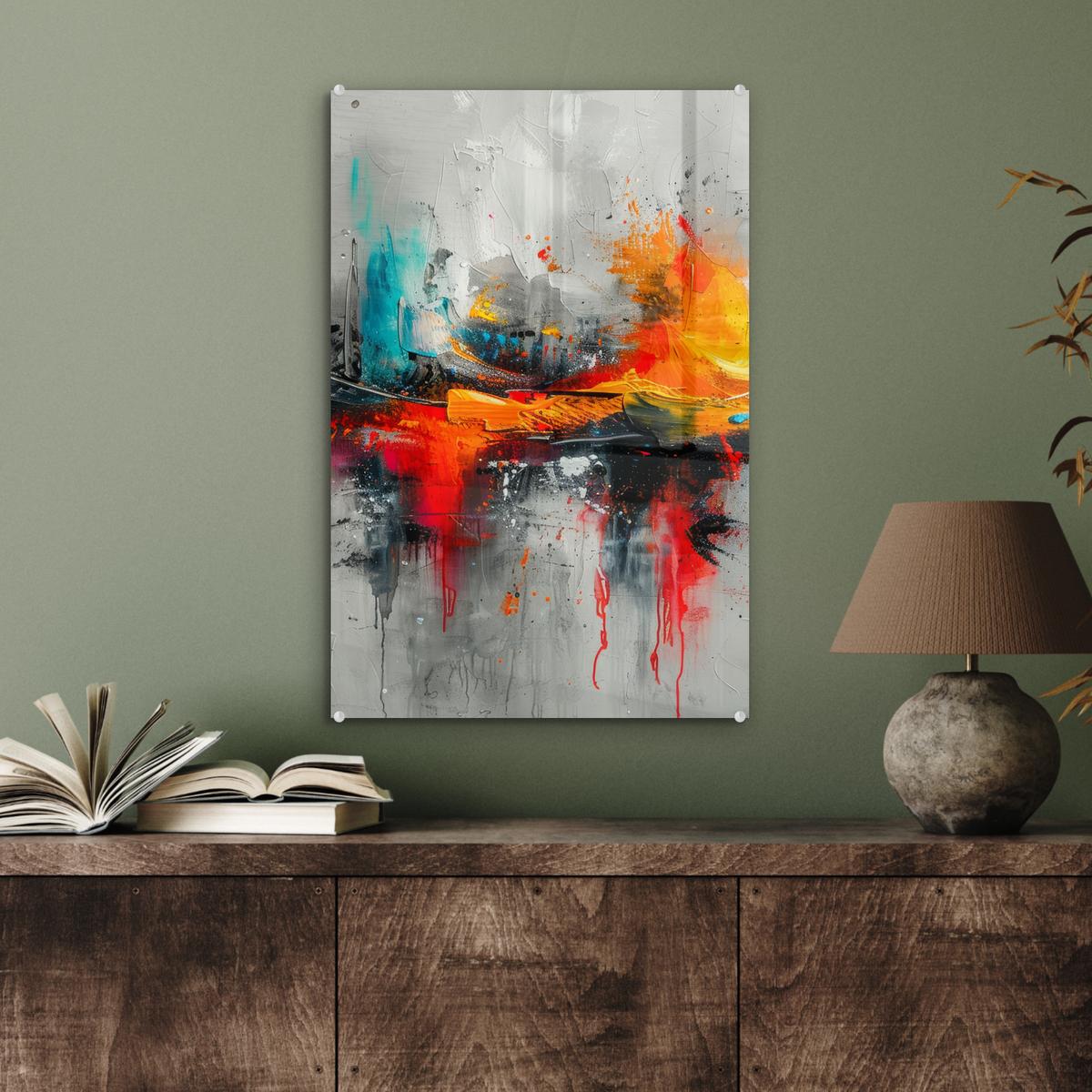 ACRYLGLASBILD Moderne Kunst - Orange - Grau - Abstrakt Wanddeko Wohnzimmer 40x60 cm - Hellgrau, Glas (40/60cm) - MuchoWow