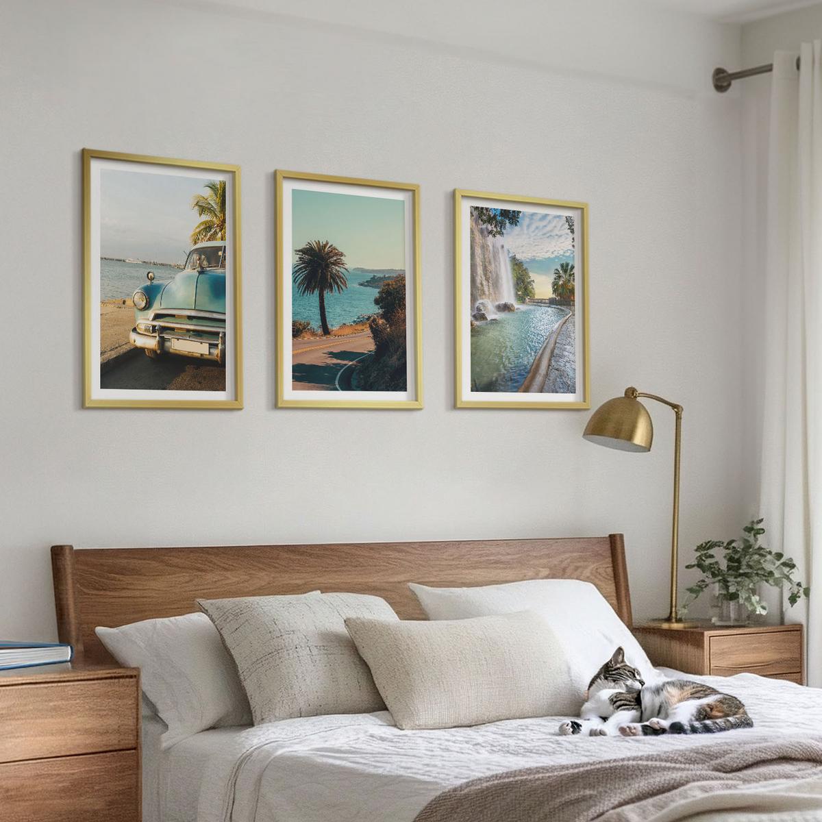 BILDER SET 3er Set - 40x60 cm Goldrahmen - Urlaub Palmen Wasserfall - Goldfarben, Kunststoff (40/60cm) - TULUP