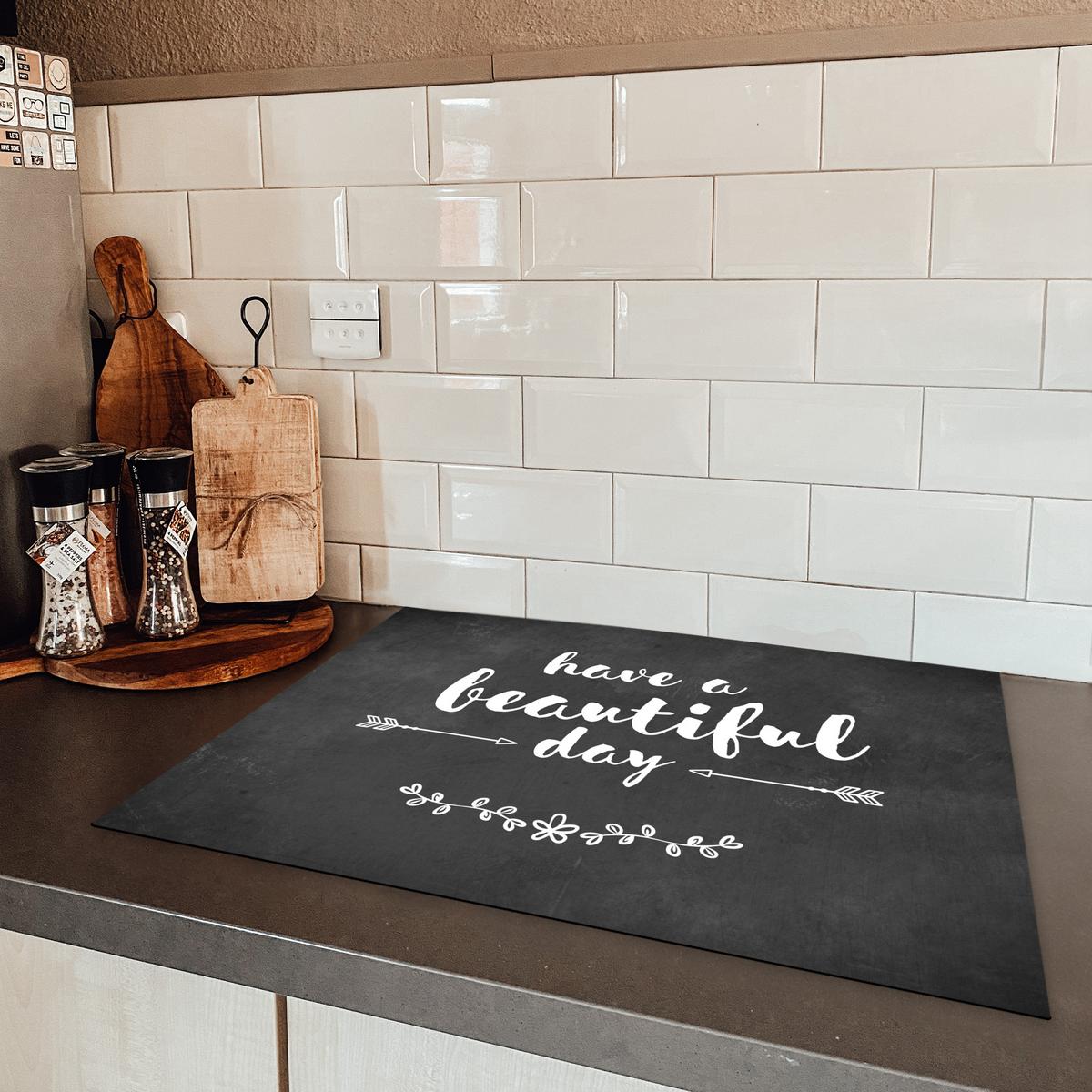 HERDABDECKPLATTE Zitat - Einen schönen Tag - Grau - Weiß Herdabdeckung Induktionsfeld 70x52 cm - Anthrazit, Kunststoff (70/52/0.2cm) - MuchoWow
