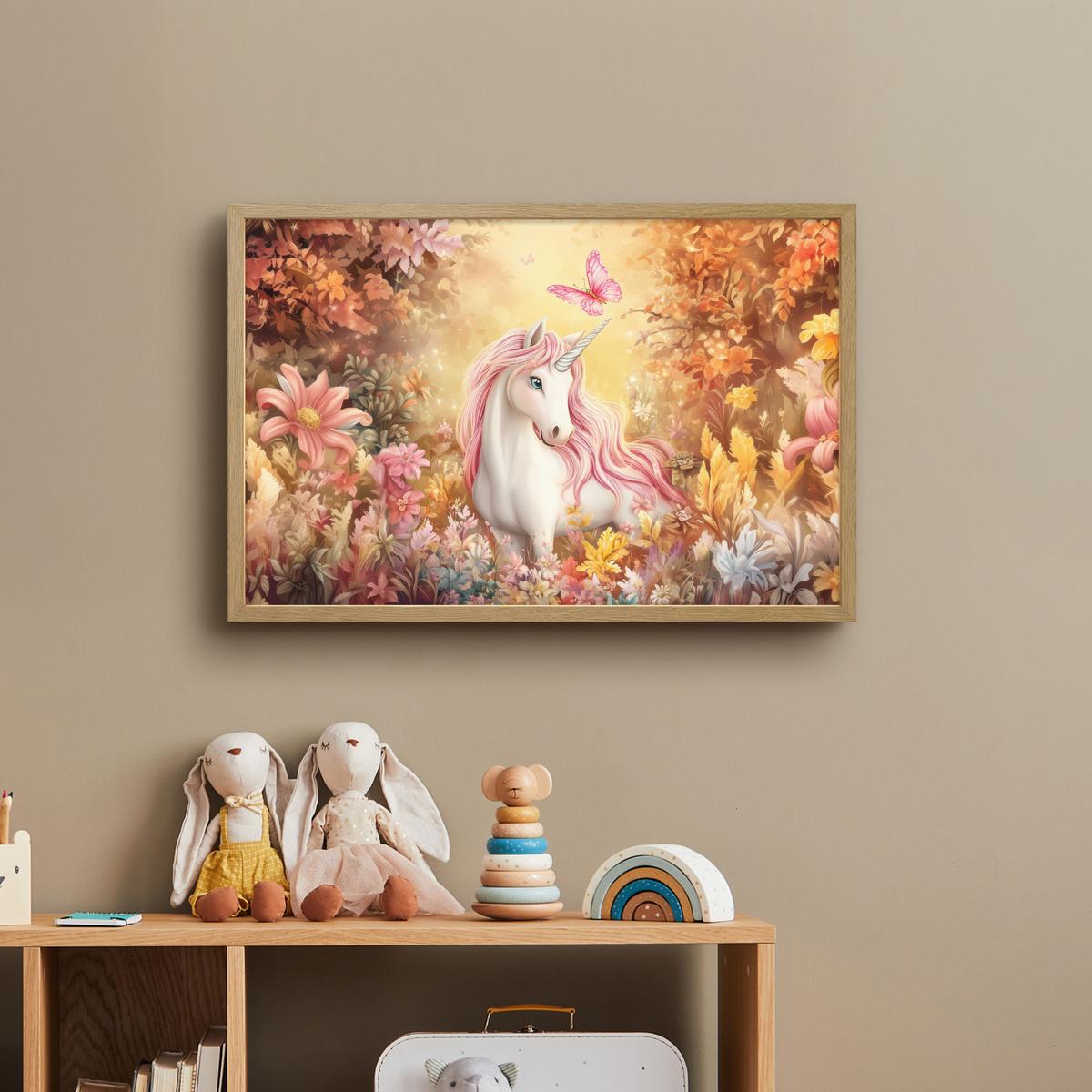 WANDLEUCHTE MIT AKKU Einhorn - Blumen - Schmetterling - Rosa 60x40 cm - Beige, Holzwerkstoff (60/40/8cm) - OnlyWow