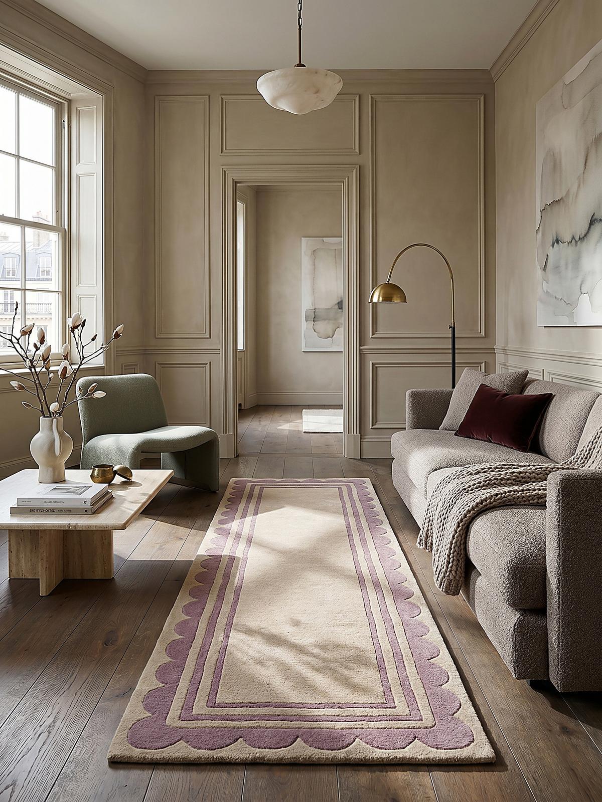 WOLLTEPPICH WENSUM, mit grafischem Muster mit Rahmen, Lila-Beige, 80 x 230 cm - Lila, Textil (230/80cm) - KADIMA DESIGN