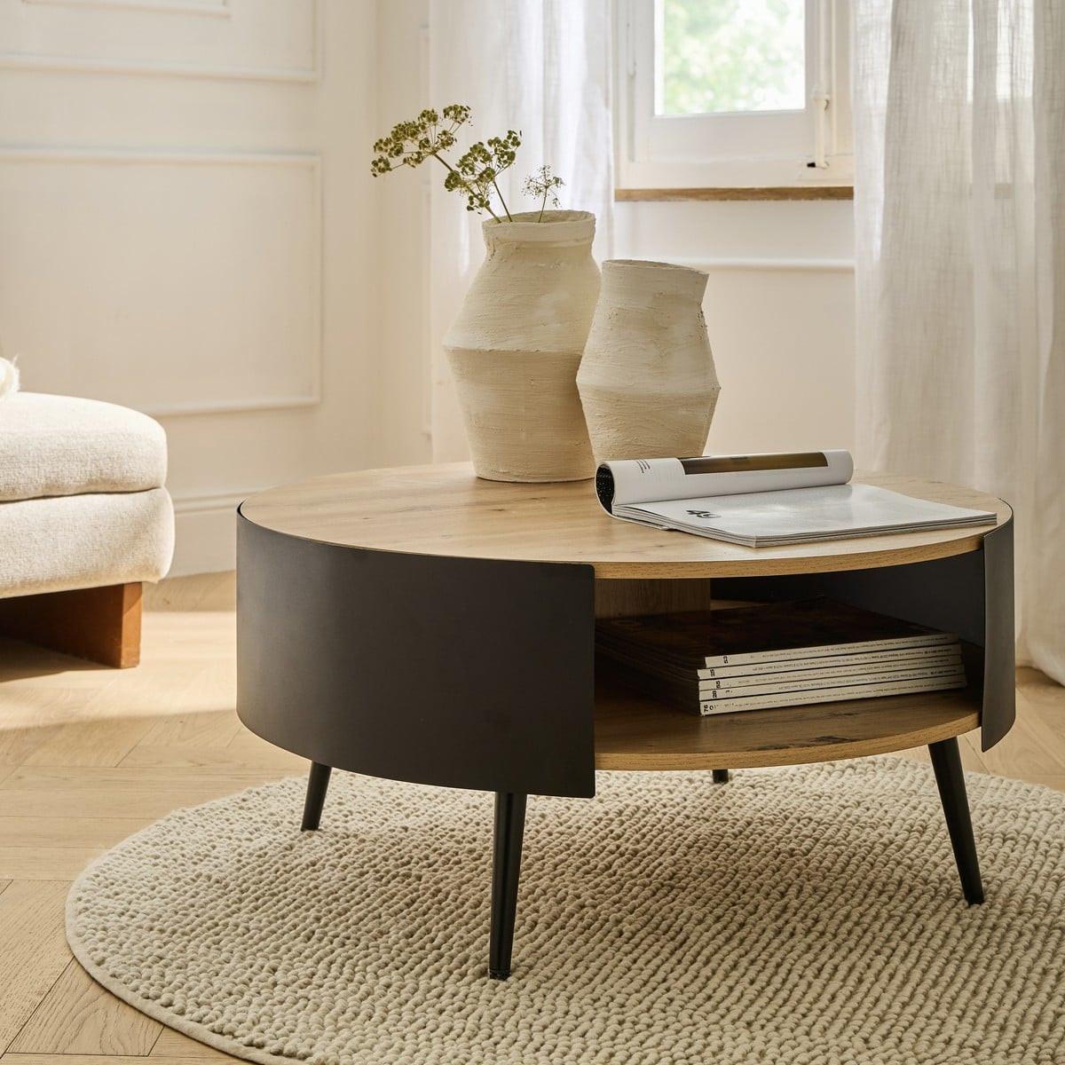 COUCHTISCH mit 2 Ebenen und schwarzen Metallseiten eklo 80/39/80 cm - Eichefarben, Holzwerkstoff (89/80/39cm) - Calicosy