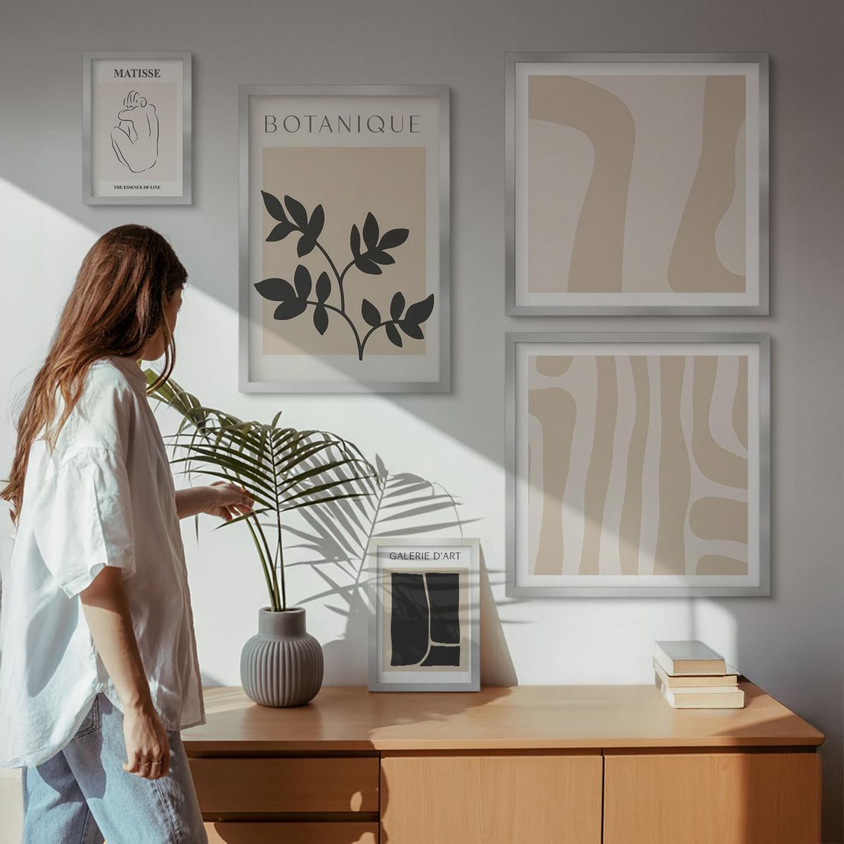BILDER SET 5er Set - 50x50 cm & 20x30 cm & 40x60 cm Silberner Rahmen - Abstrakte Pflanzenmotive - Silberfarben, Kunststoff (40/60cm) - TULUP