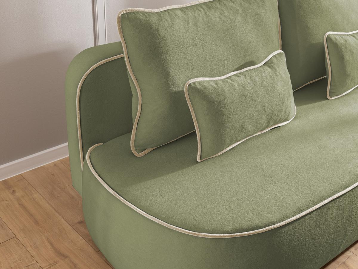 KINDERSOFA Vero im modernen und abgerundeten Design mit Schlaffunktion und Bettkasten aus Olivgrün Plüschstoff mit beiger Paspel - Schwarz/Olivgrün, Holz/Kunststoff (210/90/98cm) - S-Style Möbel