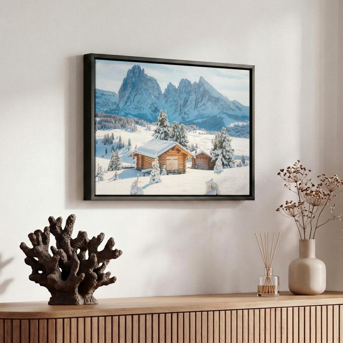 LEINWAND Bilder mit Rahmen - Winter - Hütte - Berge - Aussicht - Schnee - 30x20 - Eichefarben, Textil (30/20cm) - MuchoWow