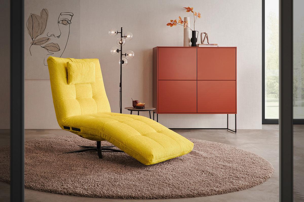 RELAXLIEGE LETICIA Gelb Flachgewebe Relaxfunktion, Drehbar (360°) - Gelb/Schwarz, Textil/Metall (82/115/156cm) - KAWOLA