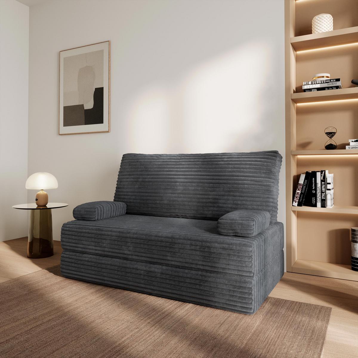 BETTSOFA LADIA aus Schaumstoff Kordstoff Grau Schlaffunktion - Dunkelgrau, Textil (140/86/60cm) - MASSENO