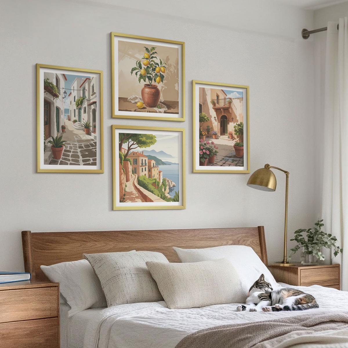BILDER SET 4er Set - 50x50 cm & 40x60 cm Goldrahmen - Straßen, Häuser, Pflanzen, Töpfe - Goldfarben, Kunststoff (50/50cm) - TULUP