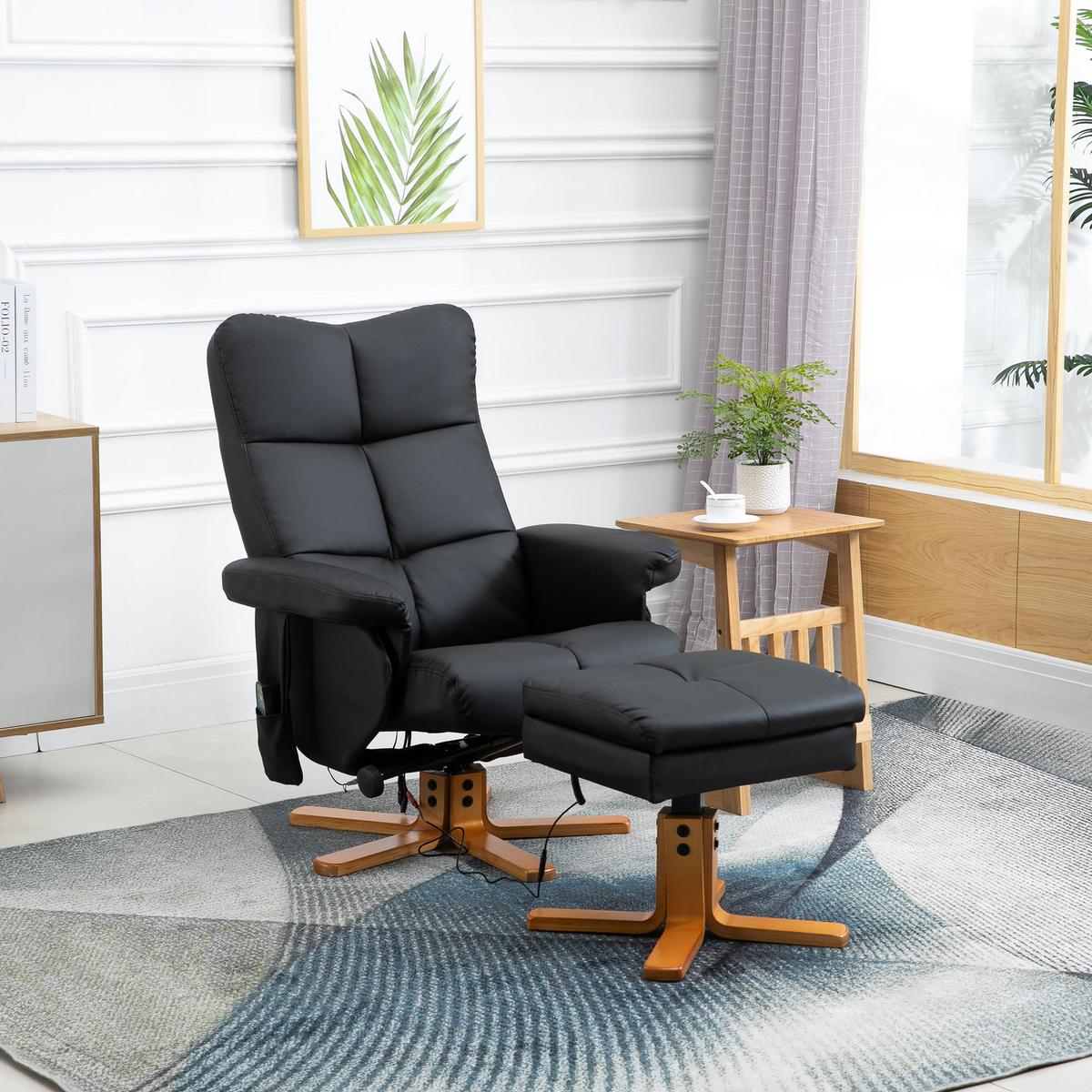 RELAXSESSEL mit Liegefunktion Massagesessel mit Fußhocker Polyester Schwarz - Anthrazit/Schwarz, Leder/Holz (86/99/80cm) - HOMCOM