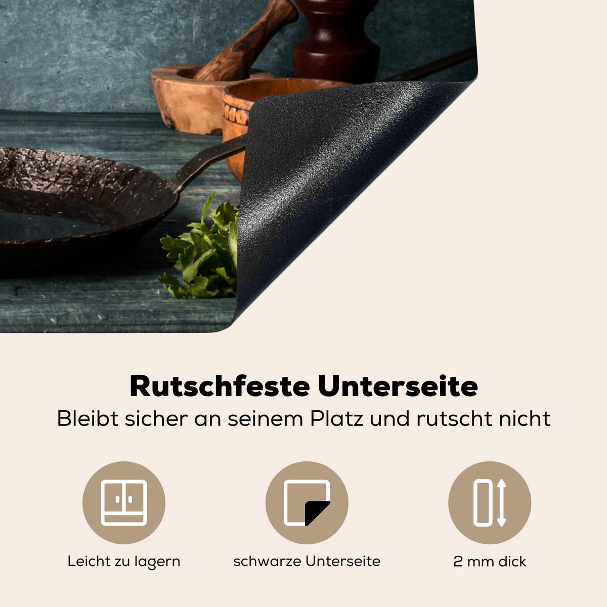 HERDABDECKPLATTE Kräuter - Gewürze - Pfanne - Messer - Grau - Rustikal Herdabdeckung Induktionsfeld 70x52 cm - Petrol, Kunststoff (70/52/0.2cm) - MuchoWow