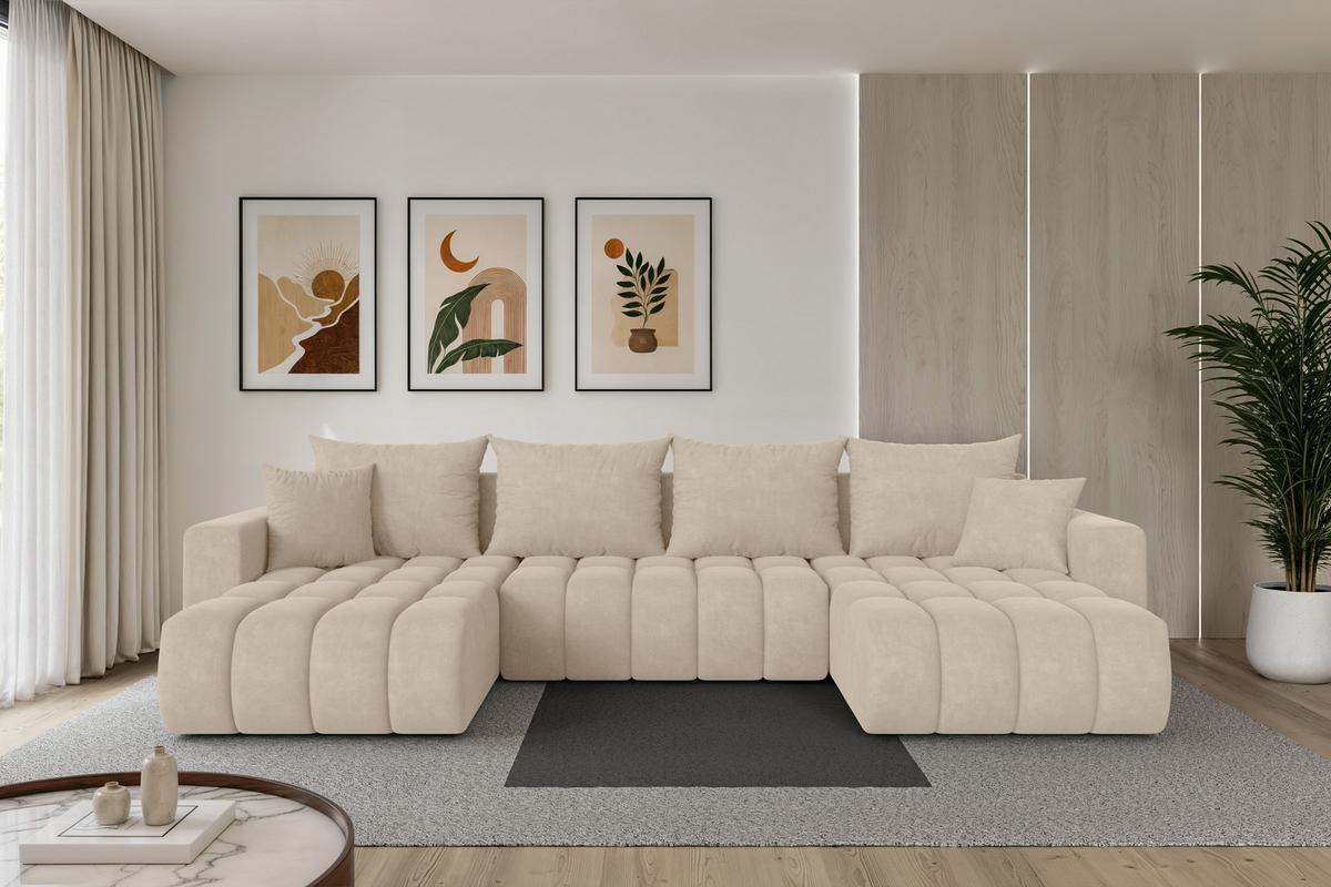 WOHNLANDSCHAFT mit Schlaffunktion und Bettkasten MILA-U-v1 378x194x86 Beige Velours - Schwarz/Sahara, Holzwerkstoff/Kunststoff (378/86/194cm) - ALTDECOR