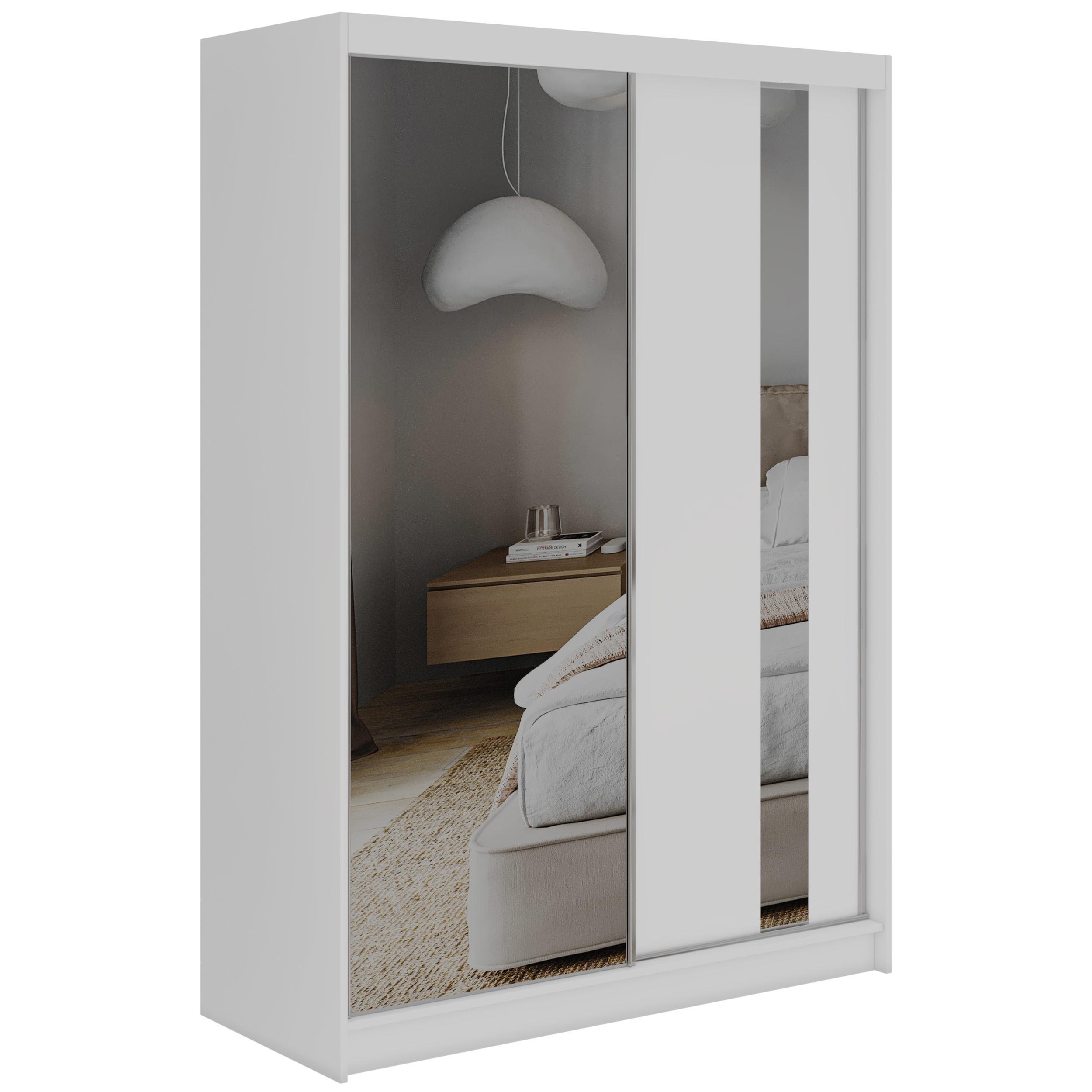 SCHWEBETÜRENSCHRANK 150 - GRECJA - Weiß mit Spiegel - Alufarben/Weiß, Holzwerkstoff/Metall (150/216/61cm) - MKS