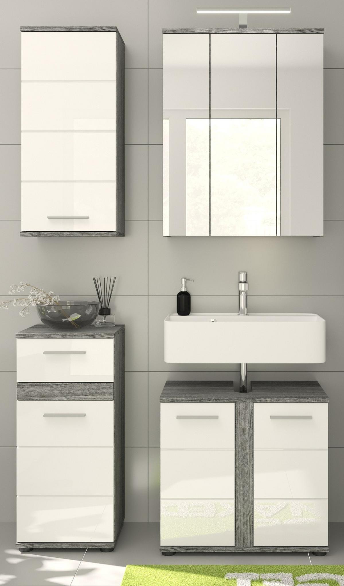 BADMÖBEL-SET weiß Hochglanz, grau Rauchsilber, 4-teilig 114 cm, moderne Badkombination - Weiß Hochglanz/Grau, Glas/Holzwerkstoff (114/191/34cm) - Inn.Furn