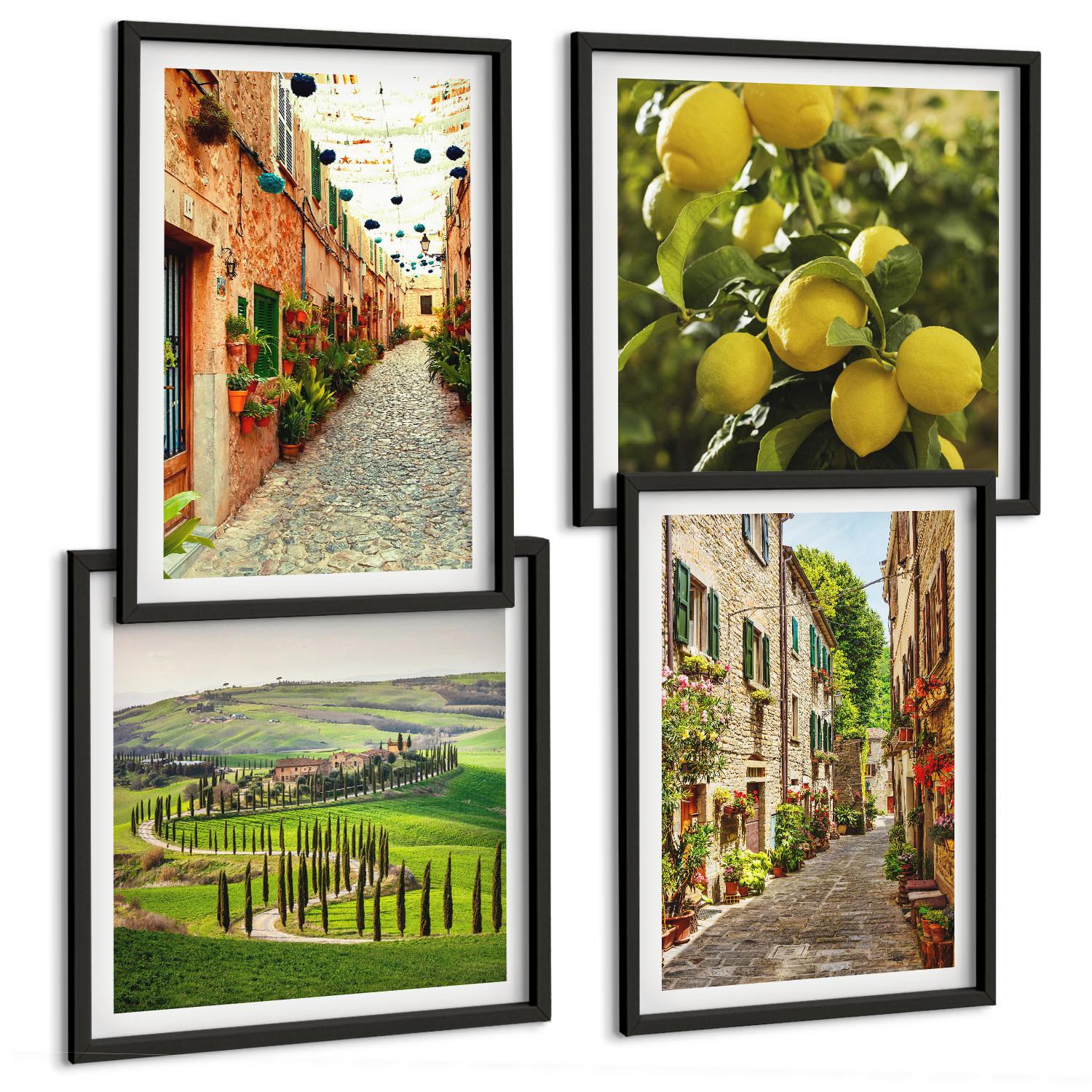 BILDER SET 4er Set - 50x50 cm & 40x60 cm Schwarzer Rahmen - Bezaubernde Straßen voller Zitronenblüten - Schwarz, Kunststoff (50/50cm) - TULUP