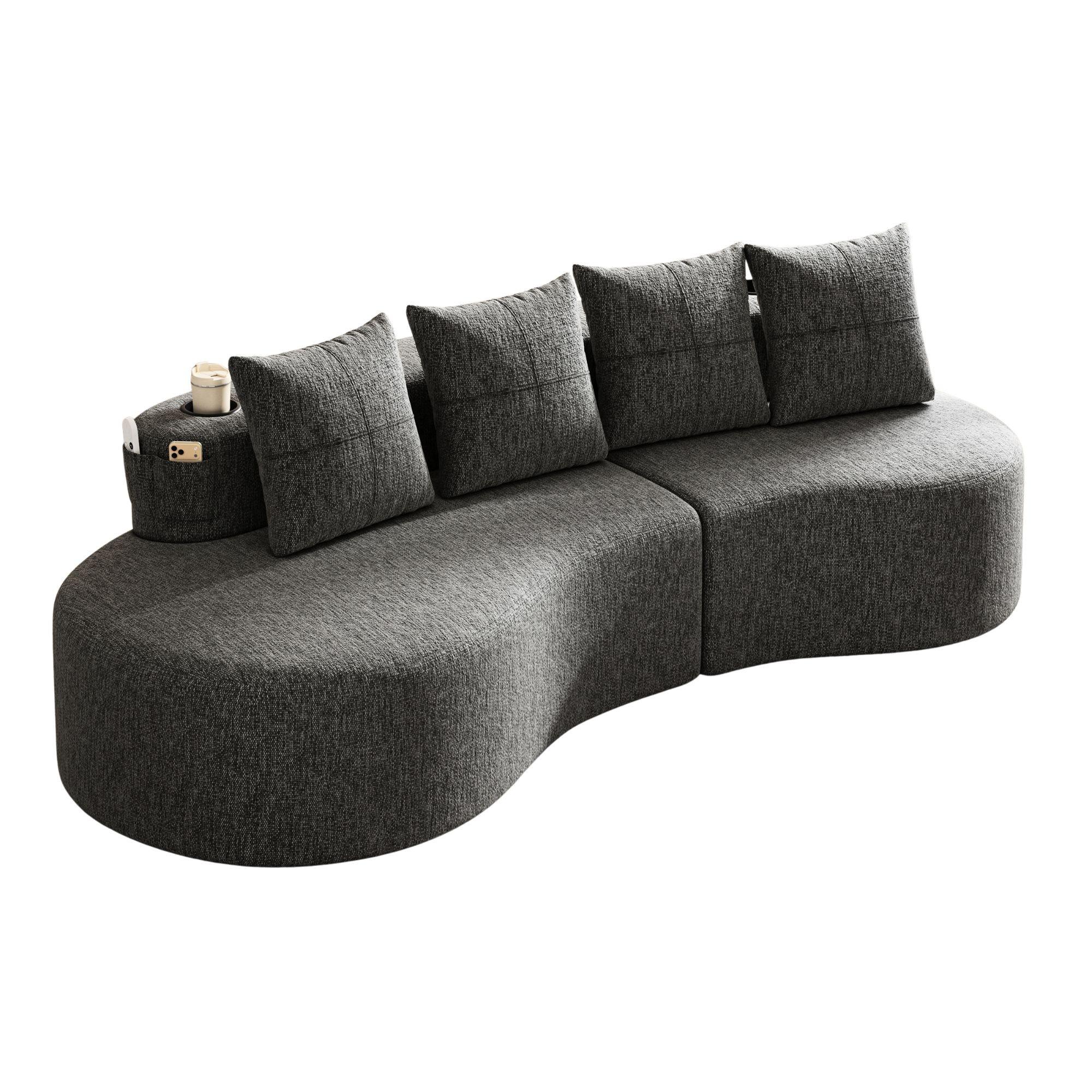 3-SITZER SOFA leinenstoff farbwahl mit getränkehalter & seitentaschen - Dunkelgrau, Textil (240/63/109cm) - Urban Meuble