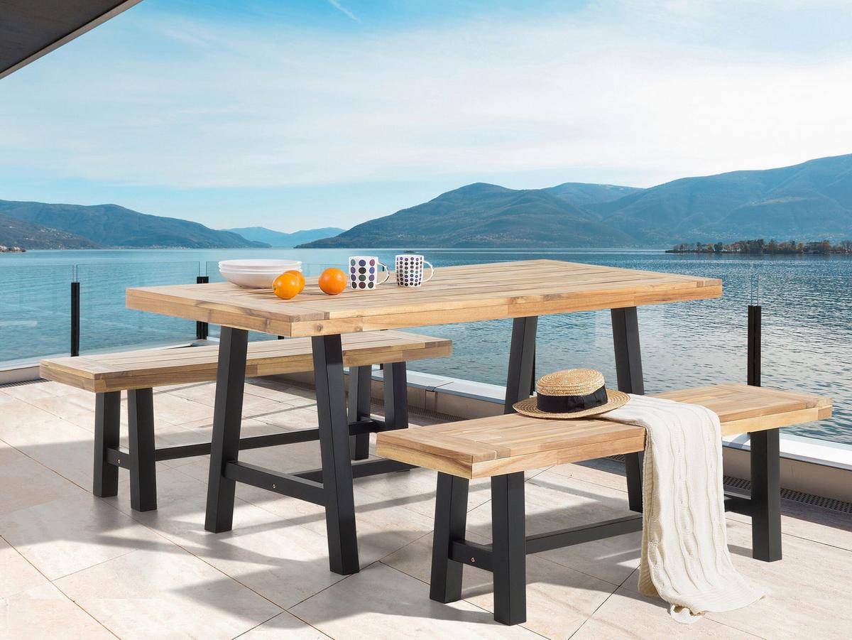 SITZBANK Akazienholz schwarz/hellbraun 140 cm Scania - Hellbraun/Schwarz, Holz (140/45/36cm) - Beliani
