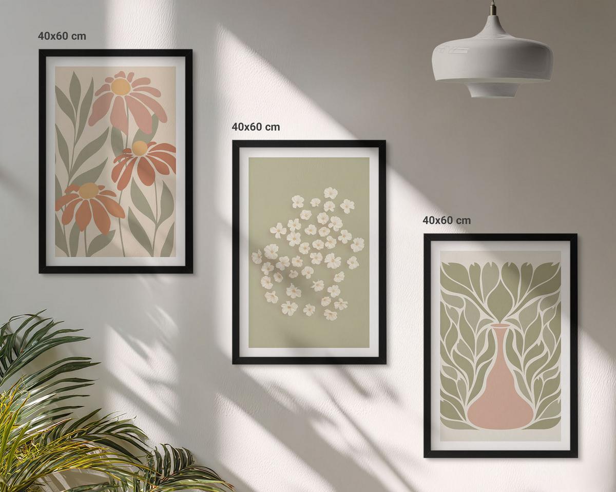 BILDER SET 3er Set - 40x60 cm Schwarzer Rahmen - Florale Boho-Muster - Schwarz, Kunststoff (40/60cm) - TULUP