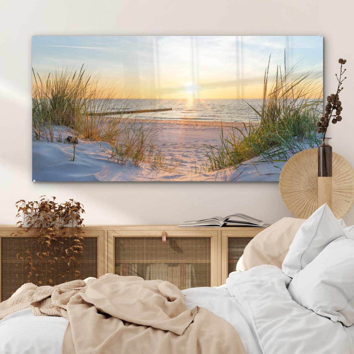 ACRYLGLASBILD Strand - Sonne - Düne - Gras - Sand - Horizont 120x60 cm - Hellblau, Glas (120/60cm) - MuchoWow