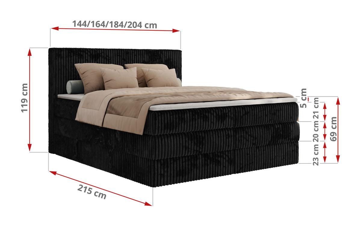 BOXSPRINGBETT TILIANO KING - 160/200 - Schwarz Cord - H4 - Schwarz, Holz/Textil (160/200cm) - MKS