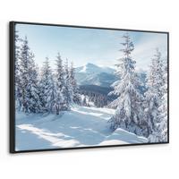 LEINWAND Bilder mit Rahmen - Winterlandschaft - Natur - Berge - Bäume - Schnee - 140x90 - Hellblau, Textil (140/90cm) - MuchoWow
