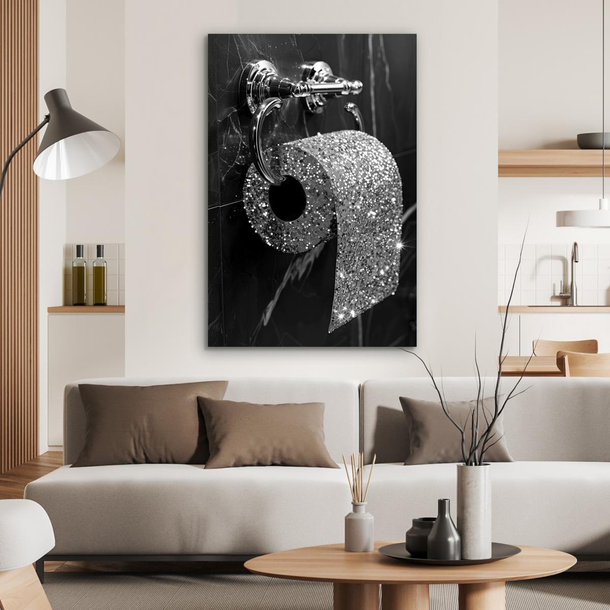 METALLBILD WC - Toilettenpapier - Schwarz und weiß - Glitter 80x120 cm - Silberfarben, Metall (80/120cm) - MuchoWow