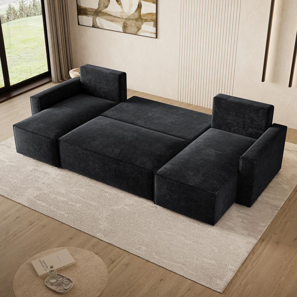 WOHNLANDSCHAFT ASPRA LM Schwarz Chenille mit Schlaffunktion - Schwarz, Holz (295/85/140cm) - MASSENO