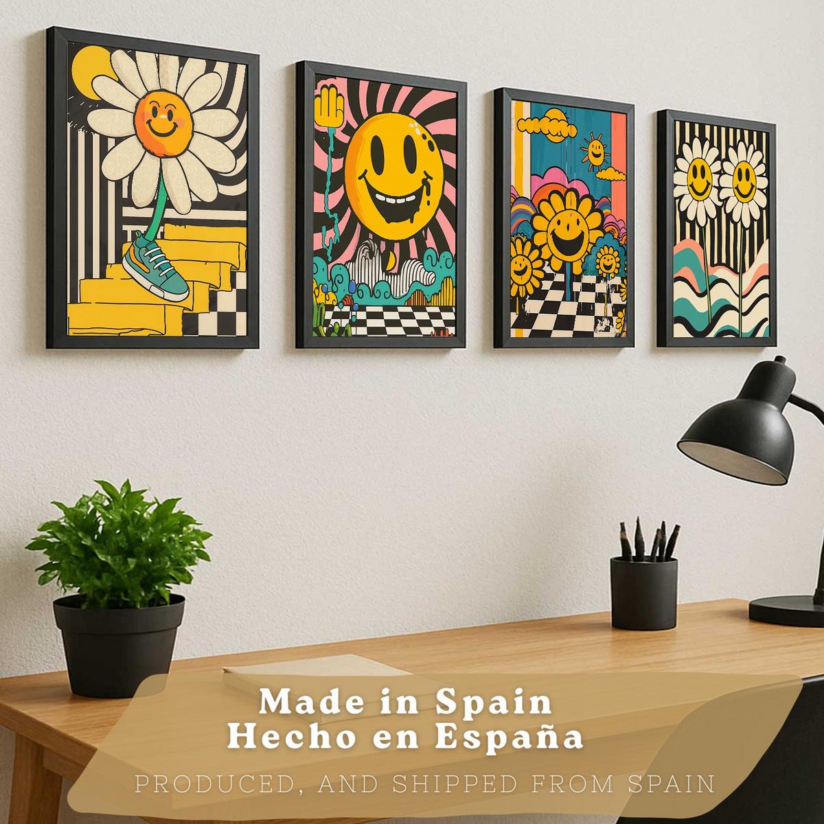 POSTER 4er Kunstdruck-Set Wandbilder Smiley Acid House modern Wohnzimmer Deko, Schlafzimmer, Küche, Badezimmer Rahmenlos A3 - Klar, Papier (29.7/1/42cm) - Nacnic