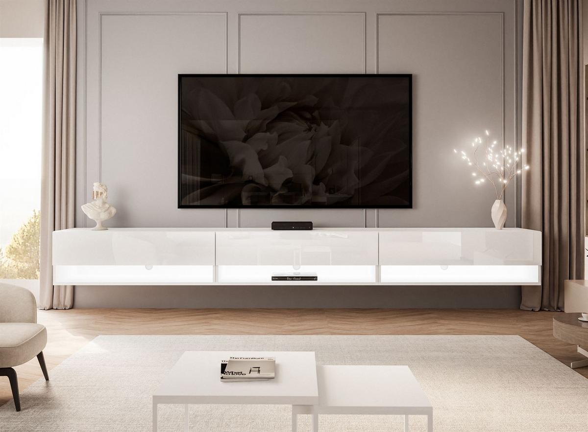 HÄNGESCHRANK TV-Möbel CALANTE 270 cm mit LED-Beleuchtung - Weiß Hochglanz, Holzwerkstoff (270/30/35cm) - Lookway