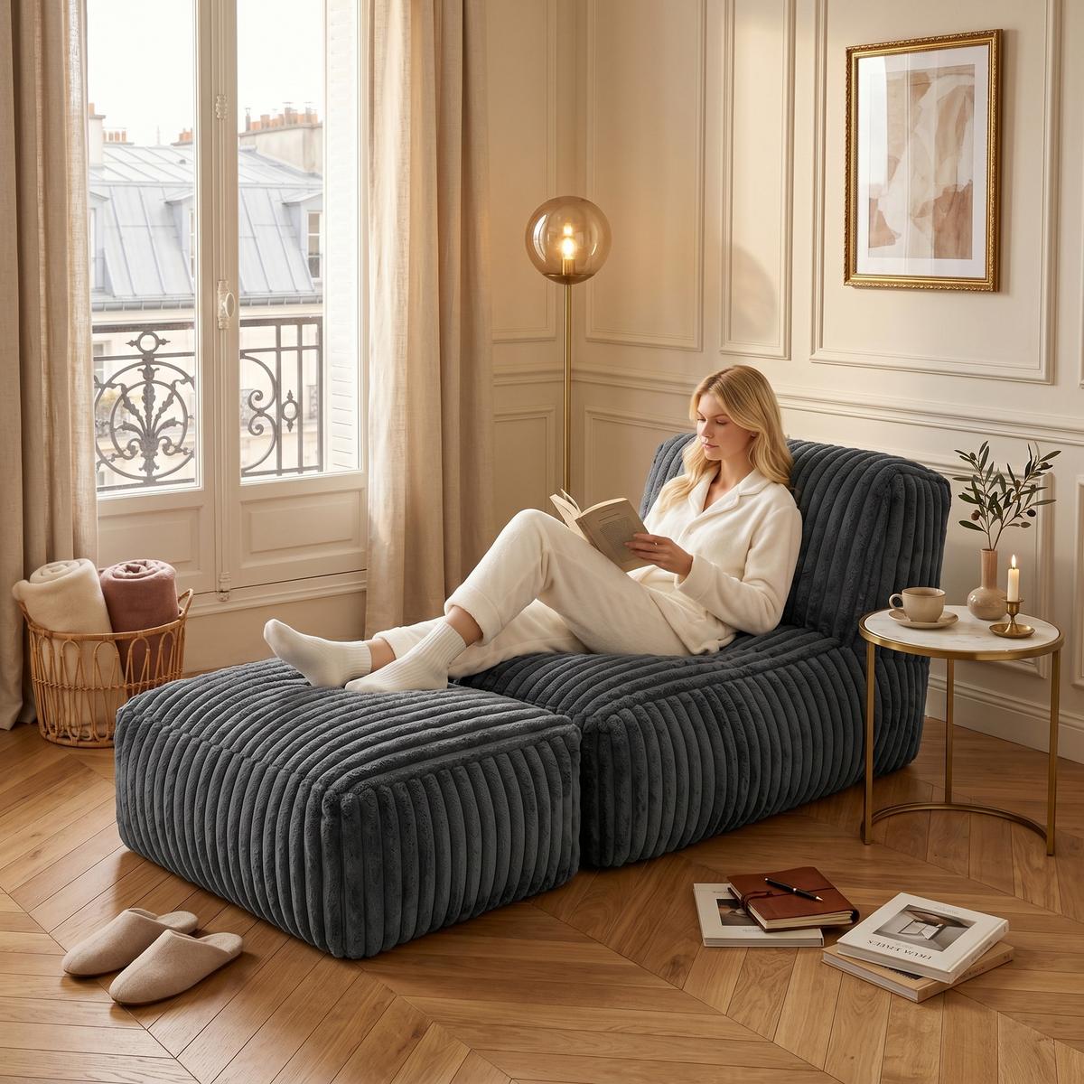 SESSEL MIT HOCKER aus Kordsamt modular und ergonomisch gepolstert - Dunkelgrau, Textil (160/66/80cm) - Urban Meuble