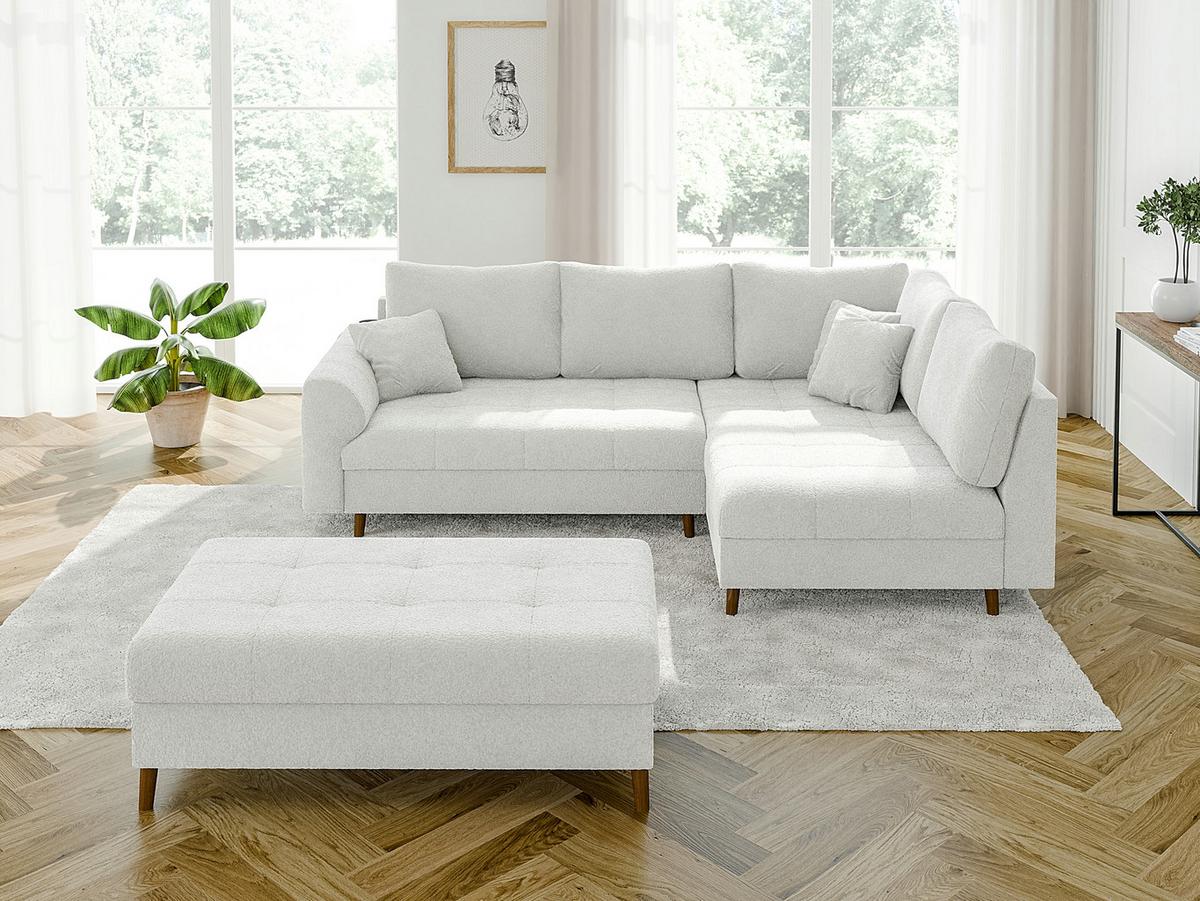 ECKSOFA inkl. Hocker Henrik Weiß Boucle - Ottomane rechts - Weiß/Braun, Holz/Textil (231/161cm) - S-Style Möbel