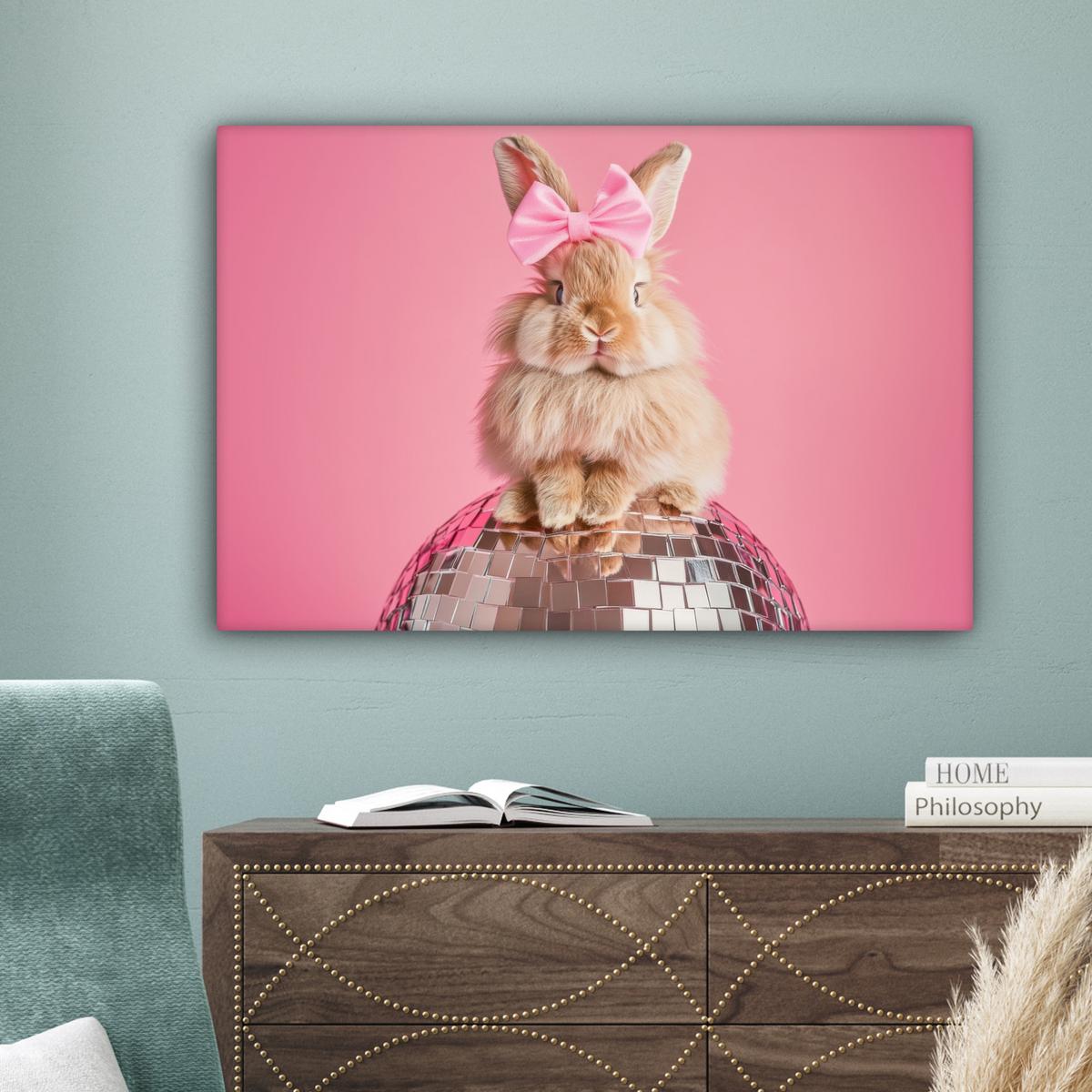 LEINWANDBILD Schleife - Discoball - Kaninchen Wanddeko 90x60 cm - Pink, Textil (90/60cm) - MuchoWow