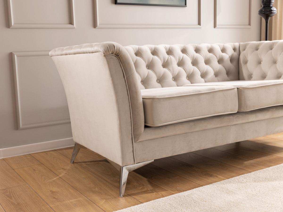 CHESTERFIELD-SOFA 2-sitzer Whitby Beige Samt mit silbernen Füßen - Beige/Silberfarben, Holz/Textil (175/78/82cm) - S-Style Möbel