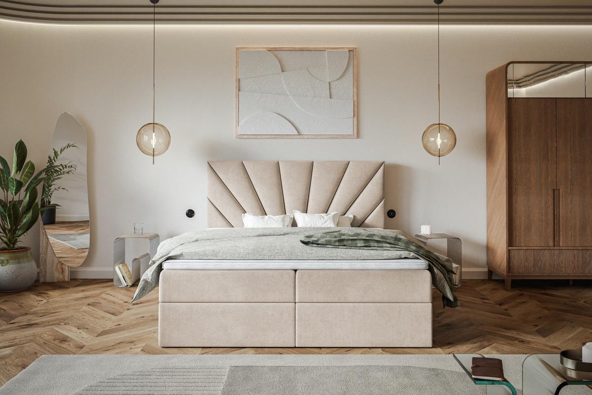 BOXBETT DENVER mit 2 Bettkästen, 160x200, Farbe: Beige, Velourstoff, Doppelbett mit Bonell-Matratze - Beige, Holz/Kunststoff (160/200cm) - Alpi-Möbel