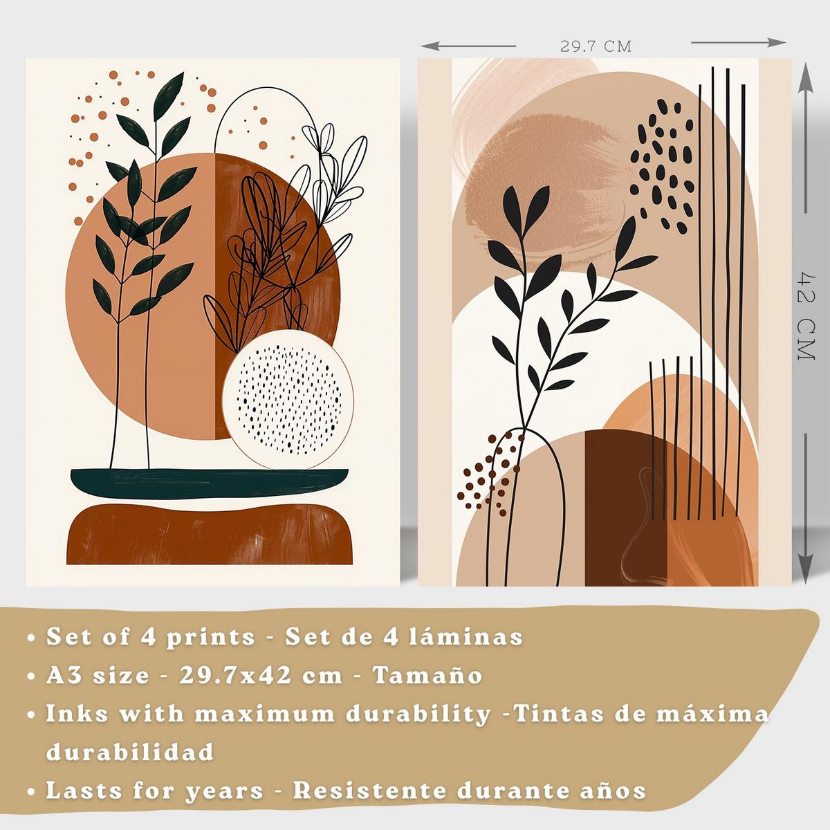 POSTER 4er Kunstdruck-Set Wandbilder Botanisch Abstrakt modern Wohnzimmer Deko, Schlafzimmer, Küche, Badezimmer Leichter Holzrahmen A3 - Beige, Papier (29.7/1/42cm) - Nacnic