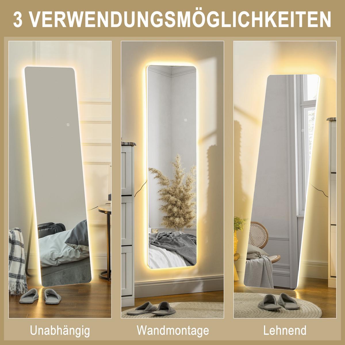 GANZKÖRPERSPIEGEL, 150 x 40 cm Standspiegel mit LED-Beleuchtung, Transparent - Transparent, Metall (2.9/150/40cm) - HOMCOM