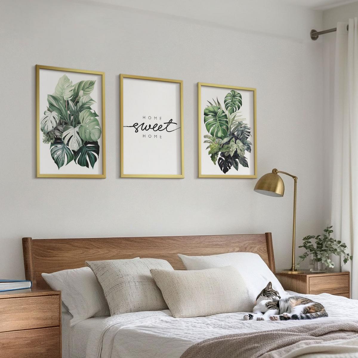 BILDER SET 3er Set - 40x60 cm Goldrahmen - Pflanzen mit der Aufschrift „Sweet Home“ - Goldfarben, Kunststoff (40/60cm) - TULUP