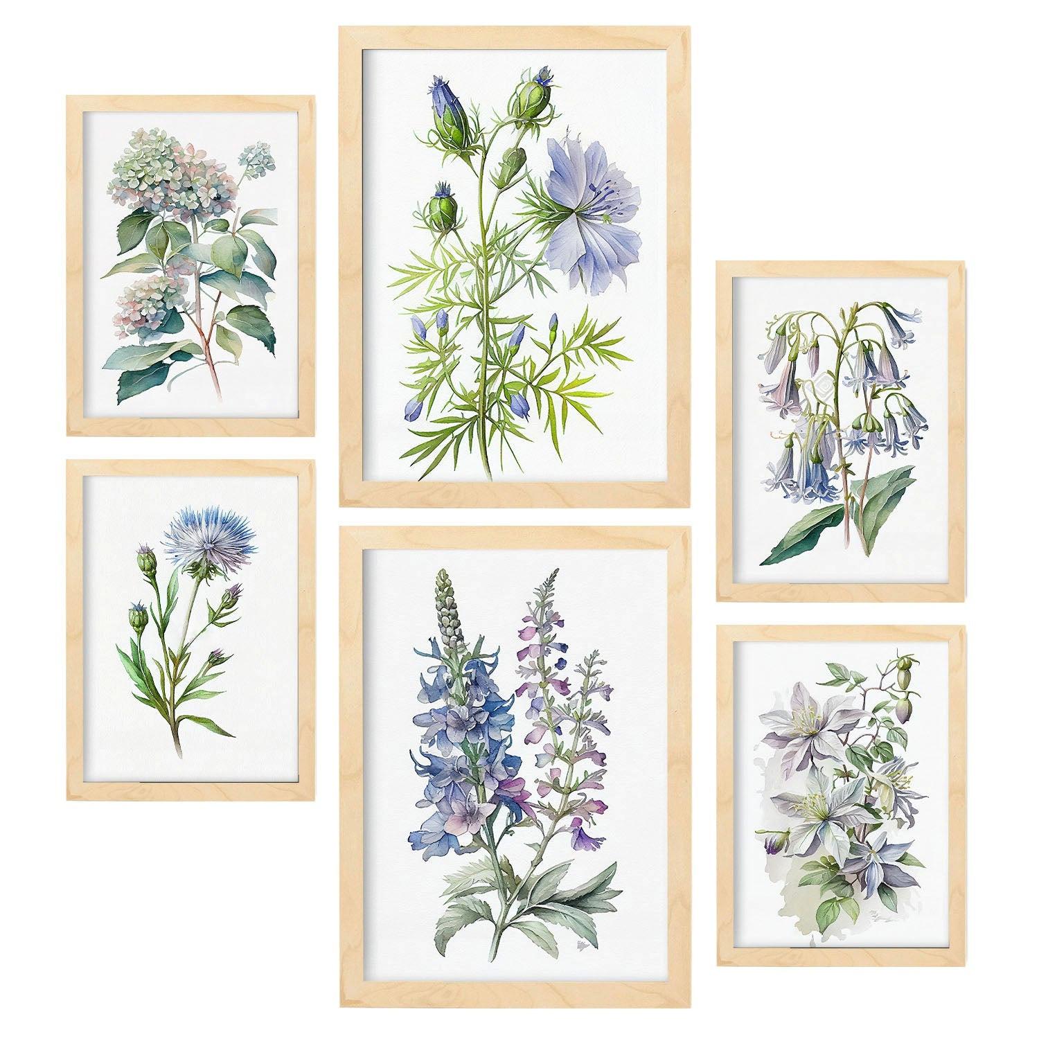 POSTER Set Mit 6 Blaue Blumen Vollfarbige Natur Und Botanikdrucke Mit Blumenmotiven Auf Reinweißen Hintergründen A3 & A4 Rahmen Aus Hellem Holz - Beige, Papier (29/3cm) - Nacnic