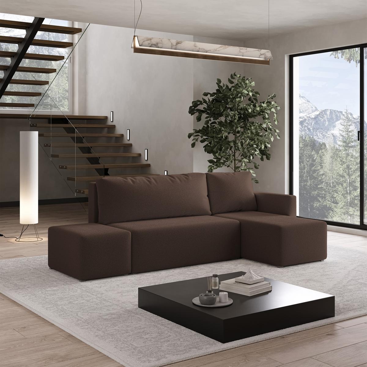 ECKSOFA VELOTTI R-S Braun Boucle-Stoff mit Schlaffunktion - Braun, Holz (261/143cm) - MASSENO