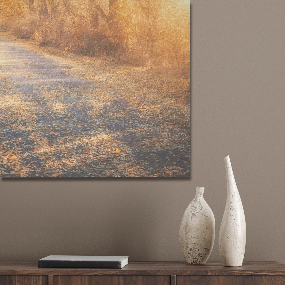 AKUSTIKBILD Wald - Herbst - Bäume - Waldweg - Natur Akustikpaneele 90x90 cm - Bernsteinfarben, Kunststoff (90/90/0.9cm) - MuchoWow